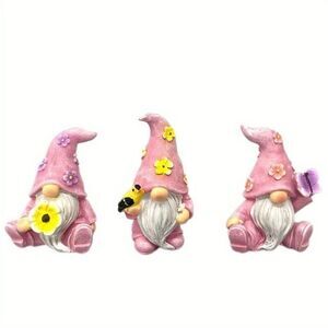 Set of 3 Summer Nisse Gnome Figurine Pink Hats with Flowers Garden Shelf Decor